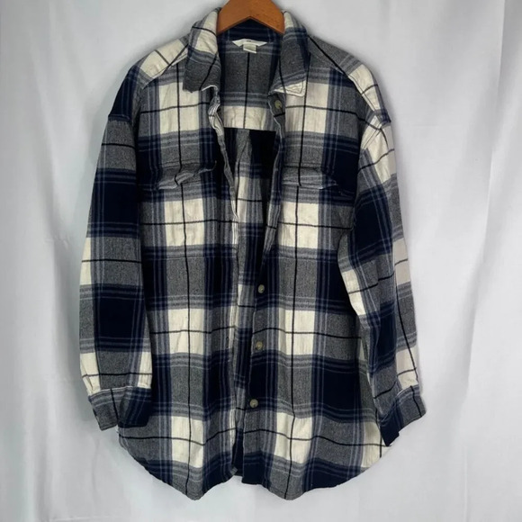 H&M Blue & White Plaid Button Front Flannel Cotton Shirt Shacket Size Large - Picture 10 of 10